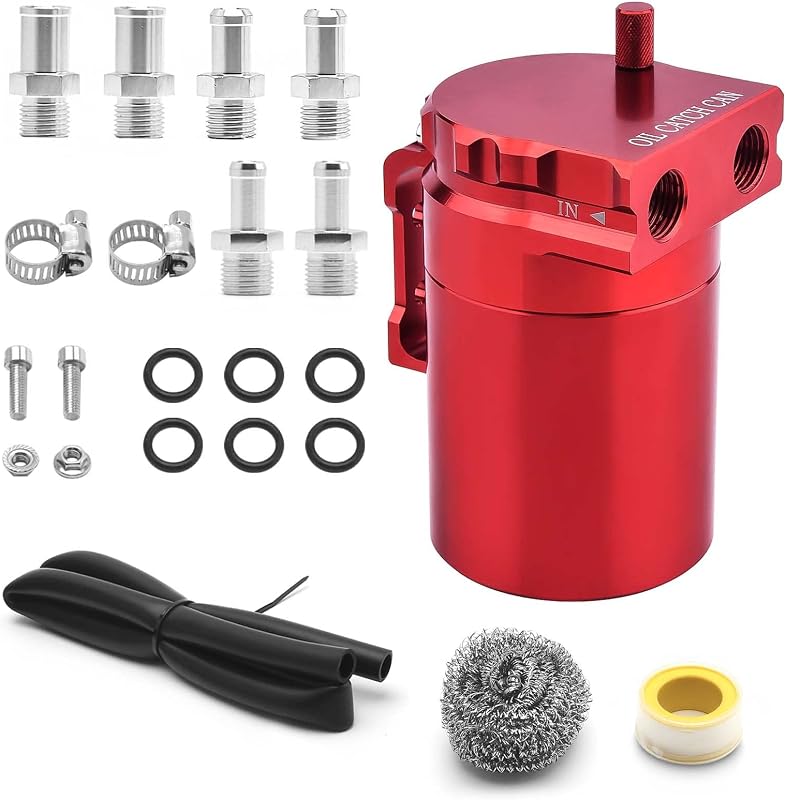 Reservatório Catch Can de Óleo BOMLING 350 mL em Alumínio com Defletor, Linha de Combustível e 6 Conexões – Vermelho