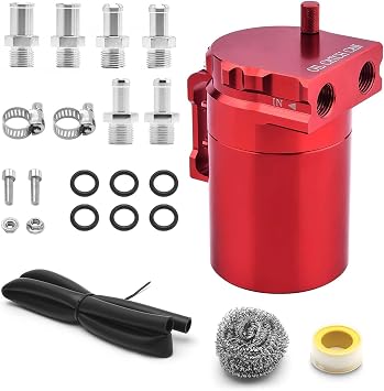 350ml Universal Oil Catch Can 0046 Aluminum Polish Baffled Reservoir Car Oil Catch Can Kit with 3/8" Fuel Line/6 Fittings/Stainless Steel Wool/Thread Seal Tape/Necessary Screws,Red