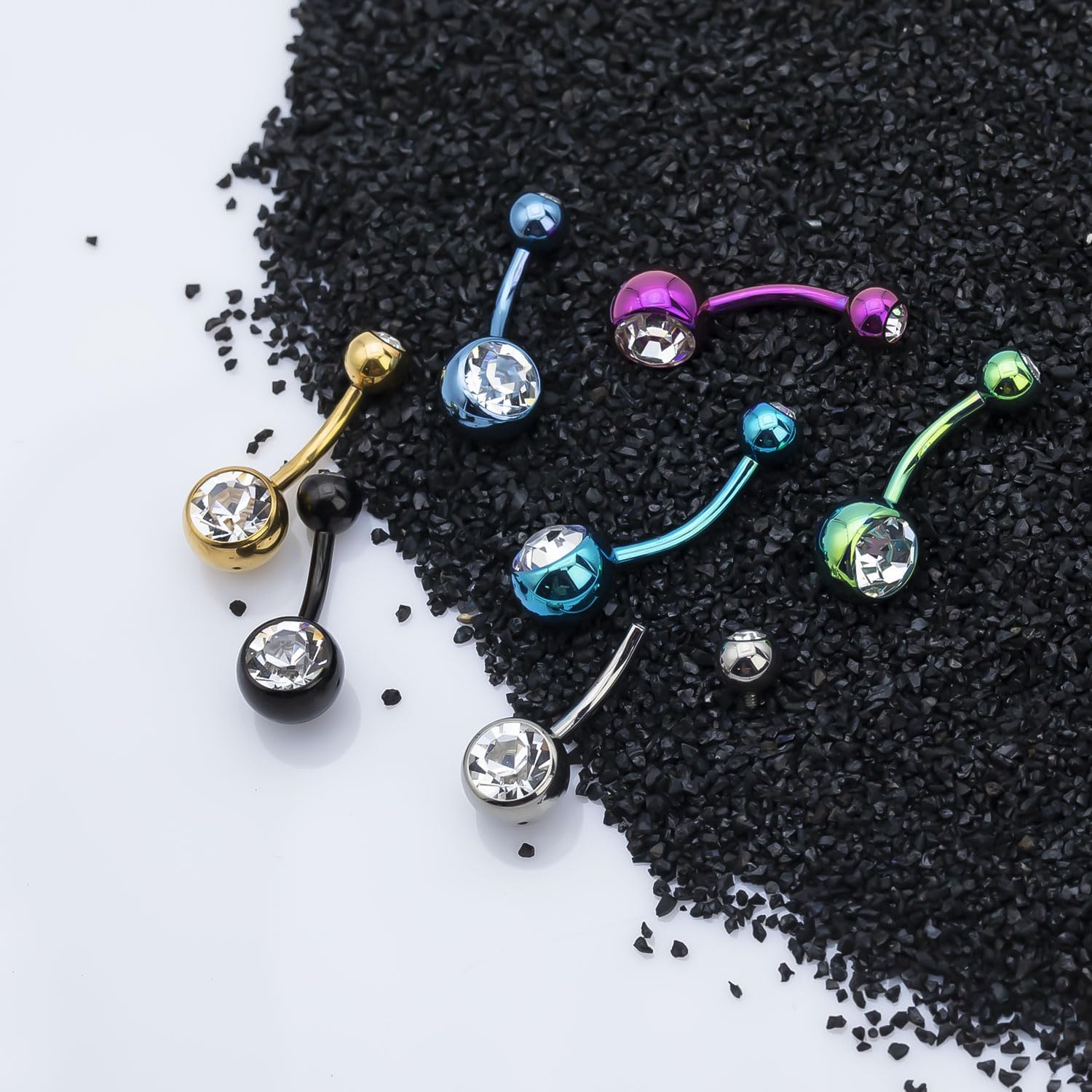 Titanium Belly Button Ring Set (4 Lengths, 14G) ,Hypoallergenic Curved Barbell Navel Piercing Jewelry with 5mm & 8mm Cubic Zirconia Crystals,Floating Belly Button Rings (7 Iridescent Body Colors) - Image 7