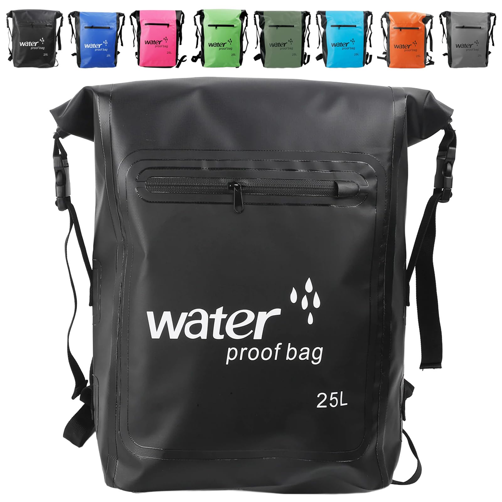 MORAINJAY 25L Waterproof Backpack with Pocket,Large Captity Black Dry Bag with Long Adjustable Shoulder Strap,500D PVC Reinforced Design Dry Sack for Camping,Swimming,Hiking&Outdoor Adventures