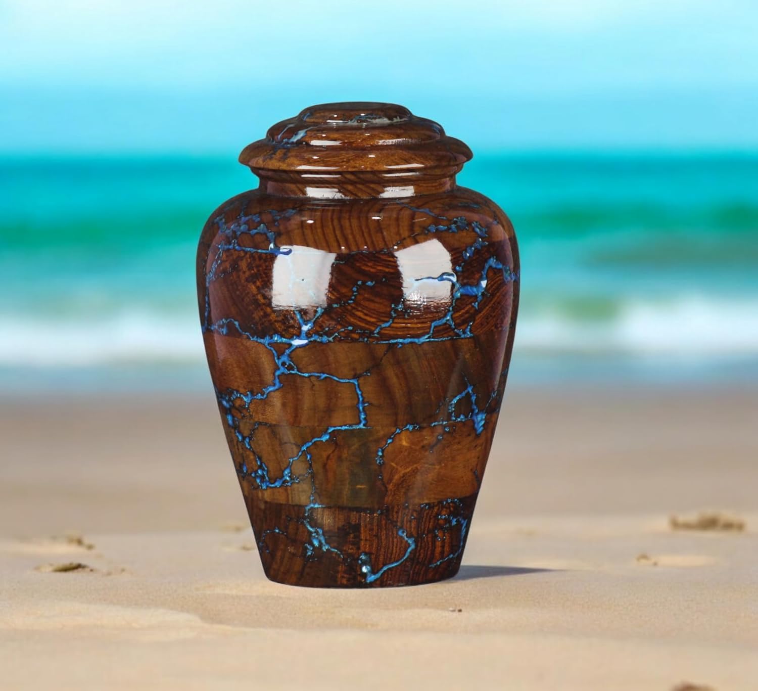 Rosewood Cremation Urns for Human Ashes Adult Male Female, Wooden Urns for Pets Ashes (Large - 200 lbs, Blue Resin)