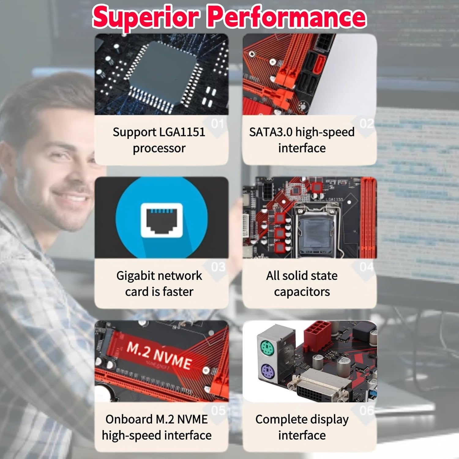 ciciglow B250M-V3 Motherboard highlighting superior performance features: LGA1151 processor support, SATA3.0, Gigabit network card, all solid state capacitors, M.2 NVME, and comprehensive display interfaces.