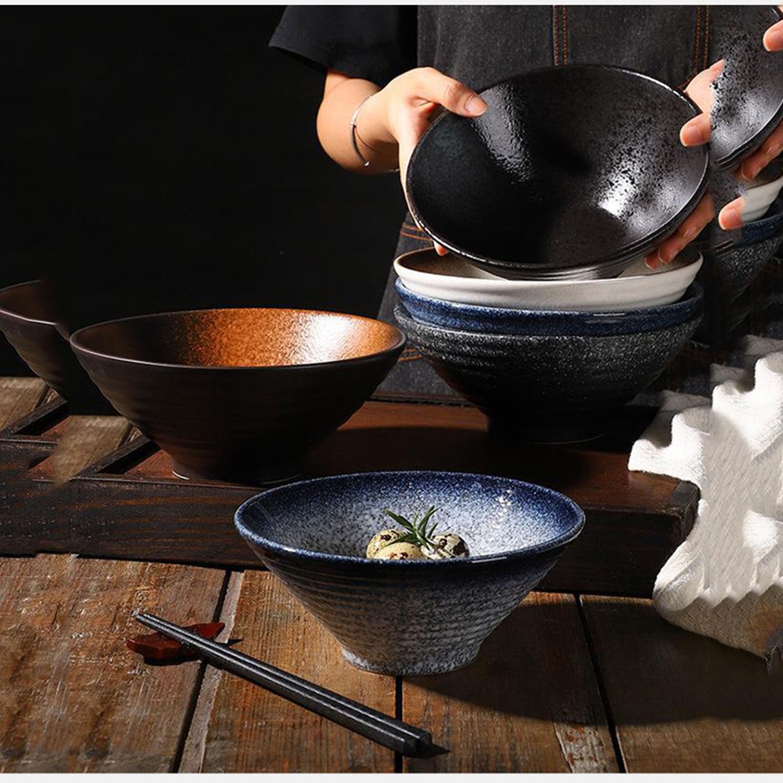 3 Stück Ramen Schüssel,Ramen Schüssel Keramik Set,Ramen Bowl Set 650/1000/1600Ml,Suppenschalen Rührschüsseln, Suppenschüssel Für Nudeln Getreide Salate,Blau