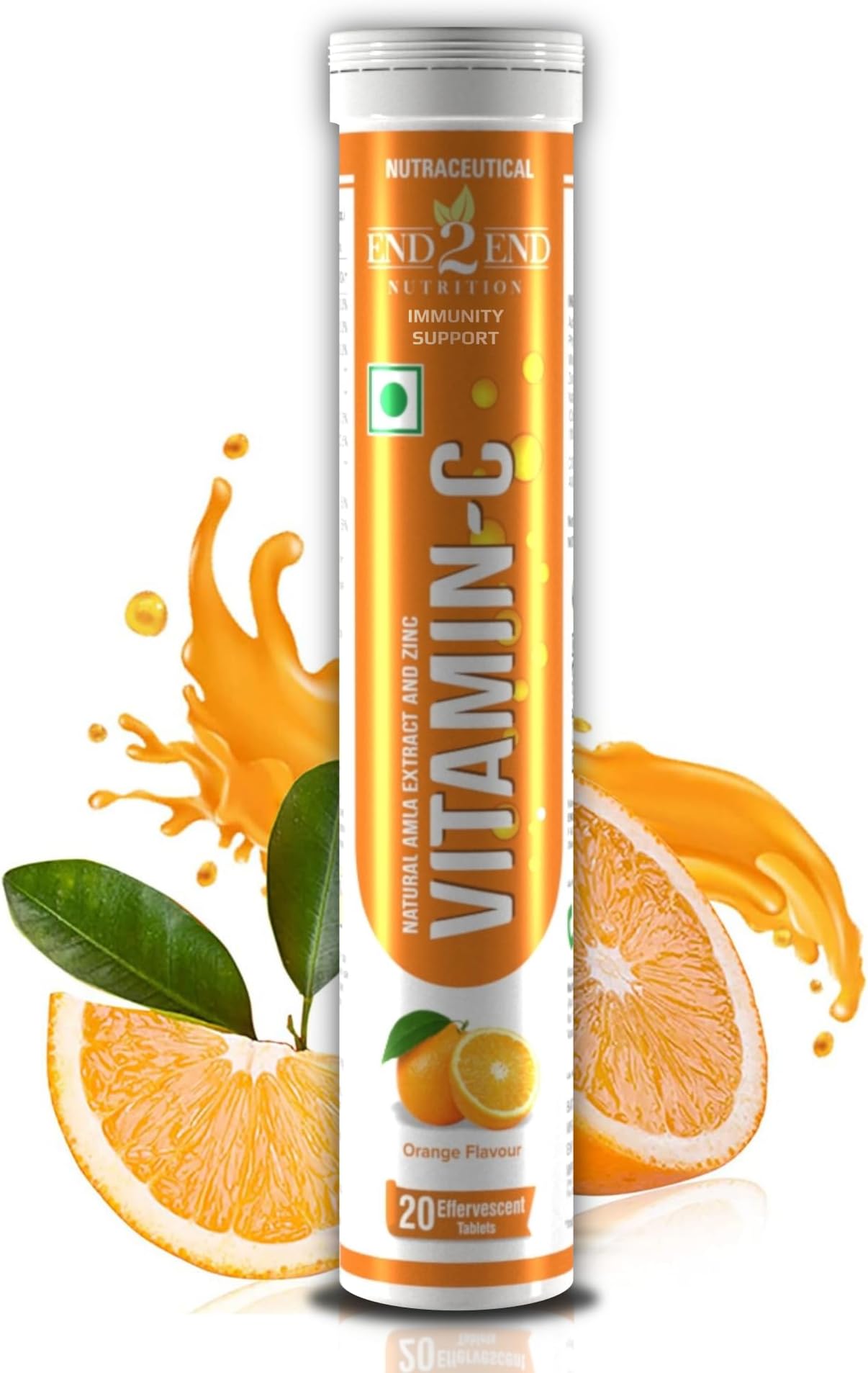 End2End Nutrition Natural Amla Extract Vitamin C with Zinc for Immunity, Skin Care, Antioxidants & Energy Boost | Orange Flavour - (Pack of 1) 20 Effervescent Tablets