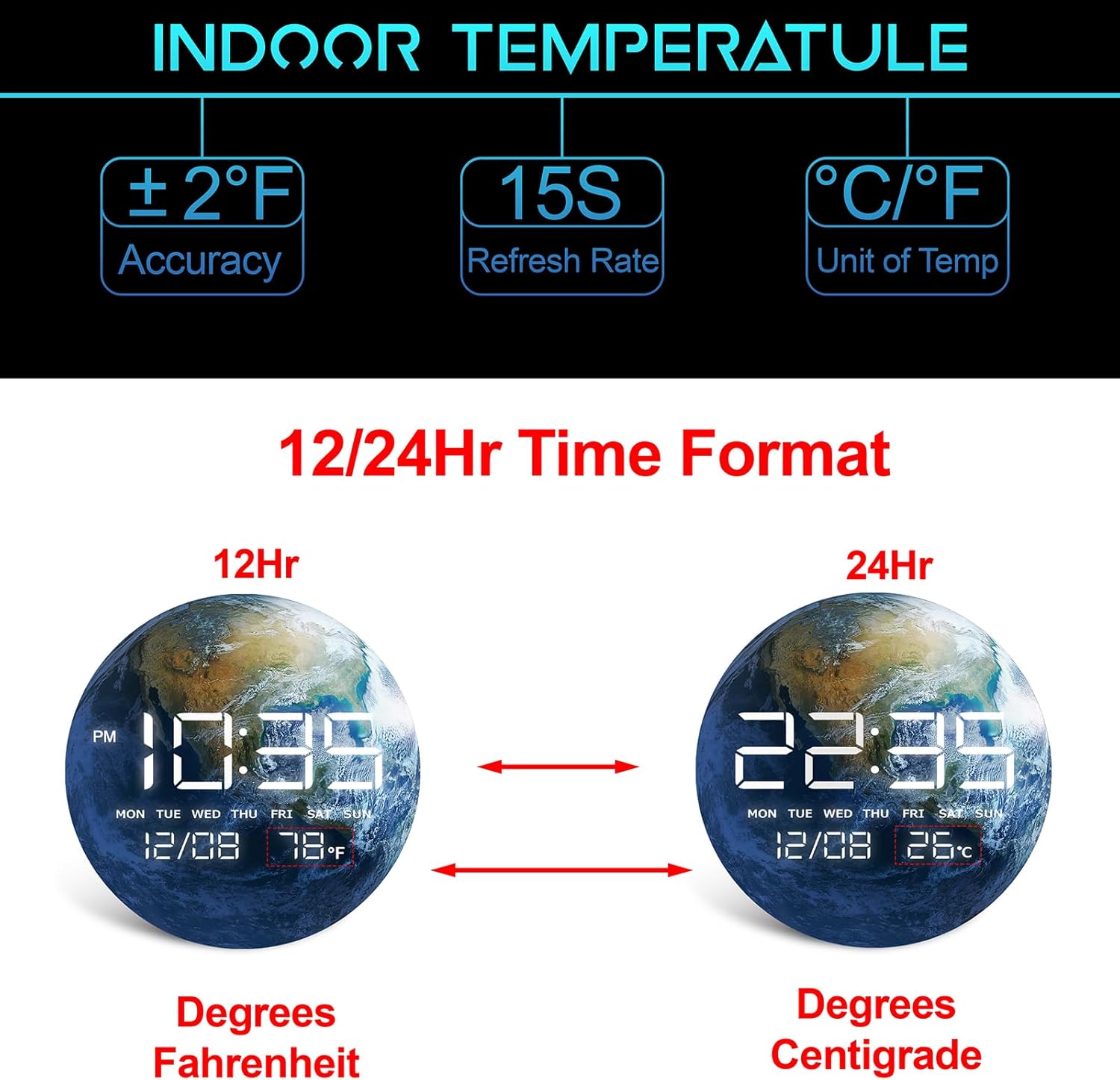 Digital Desk & Shelf Clock, LED Moon/Earth Design, Temperature Display, 7.87 x 7.87 inches (Earth, 7.87 INCH)