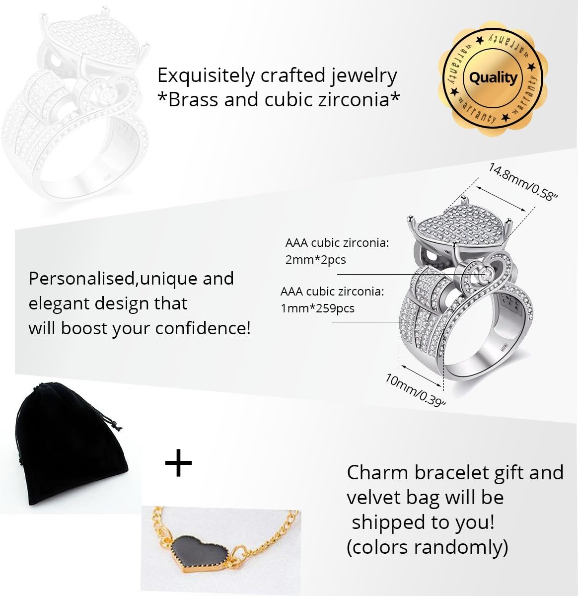 Uloveido Women's Platinum Plated Love Heart CZ Cluster Statement Big Architecture RingY426
