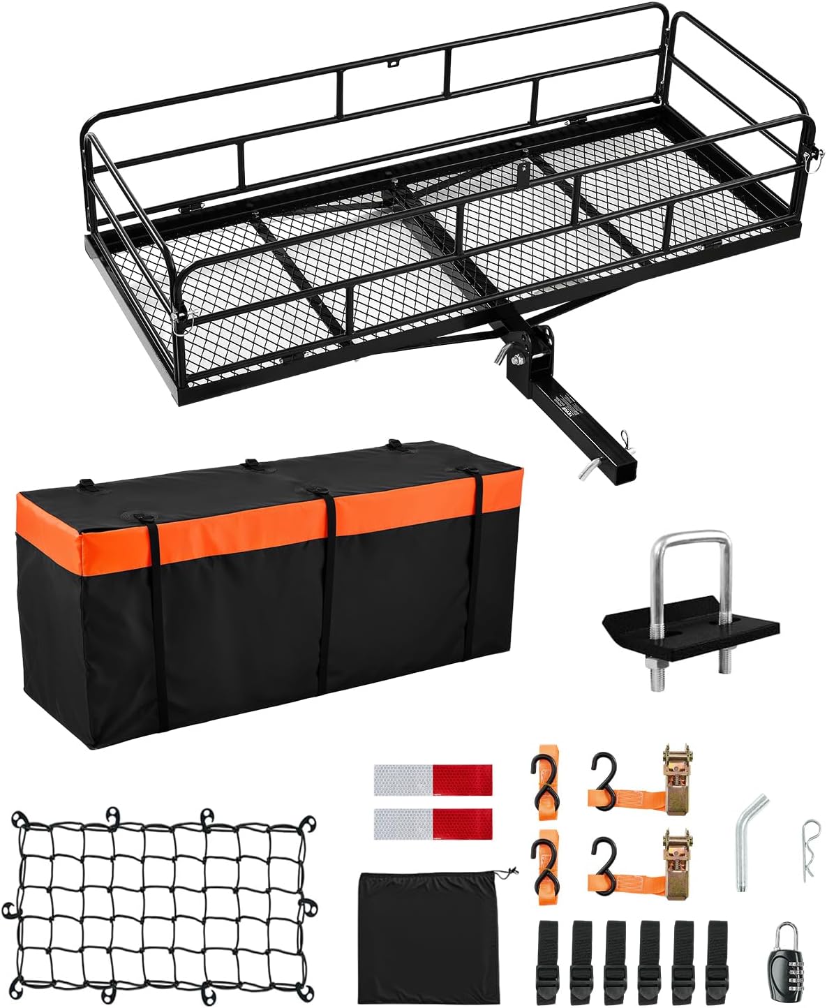 VEVOR 60" x 24" x 14", Hitch Cargo Carrier, 500 lbs Capacity Hitch Cargo Carrier with Cargo Net & Waterproof Cargo Bag, Folding Hitch Mount Cargo Carrier with Reflective Reminder, Fit for SUVs