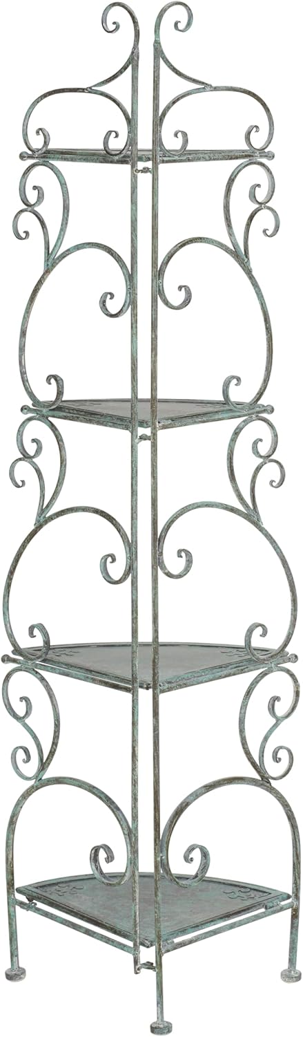 SAFAVIEH Outdoor Collection Turuca Antique Dark Green Wrought Iron 4-Tier Corner Shelf (Fully Assembled)