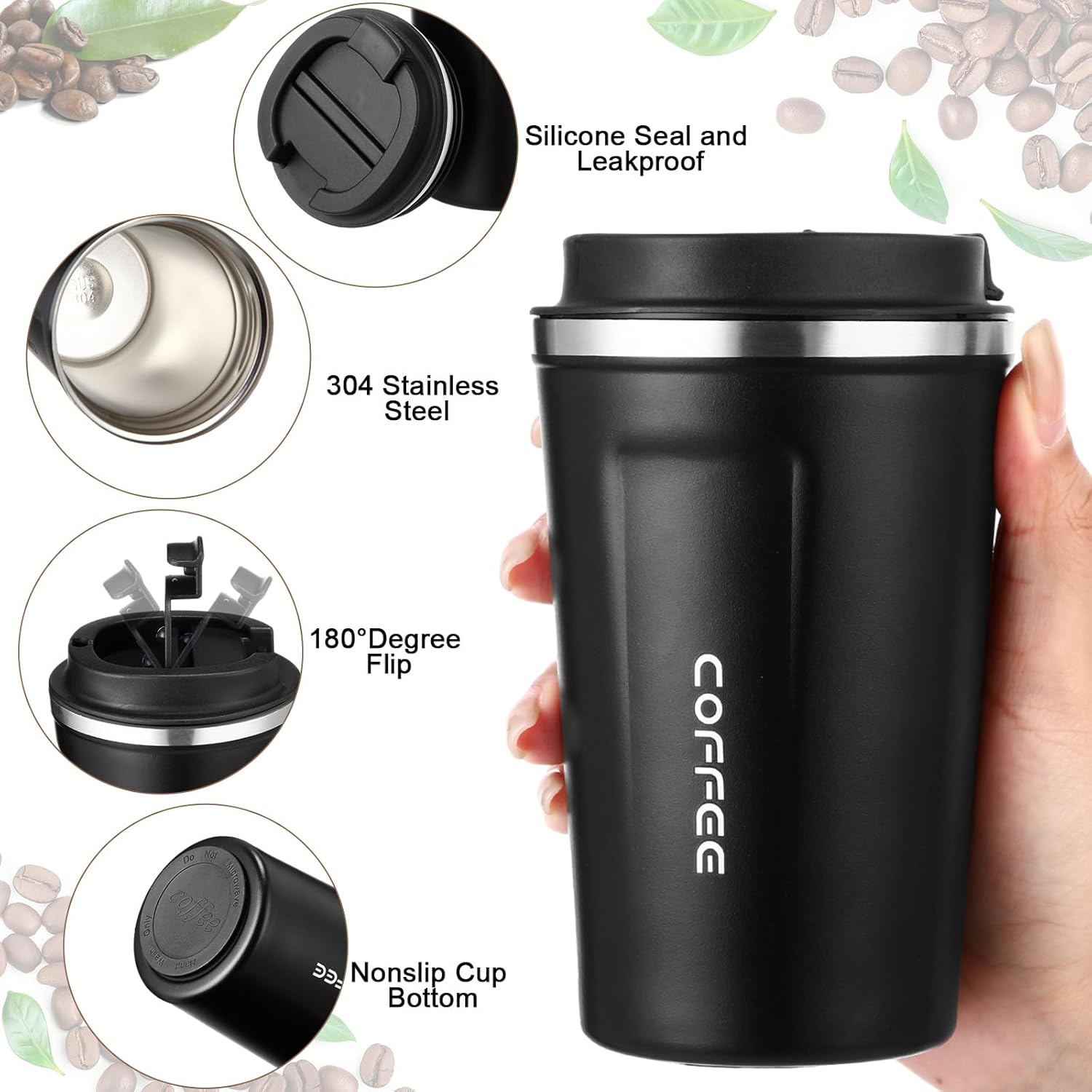 Qinyoung 6 Pack Travel Coffee Mugs 12oz Double Wall Insulated Coffee Cups Bulk with Lid Vacuum Stainless Steel Leak Proof Reusable Portable Tumblers for Cold and Hot Drinks(Black, Blue, Green) - Image 2