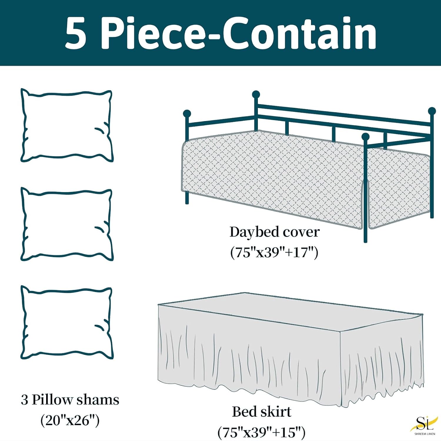 Shreem Linen 5-Piece Twin Daybed Cover Set Quilted Brushed Microfiber Bedding with Bedspread, Ruffled Skirt & 3 Pillow Shams, Geometric Pattern, All-Season, Soft & Durable, 39"x75", White