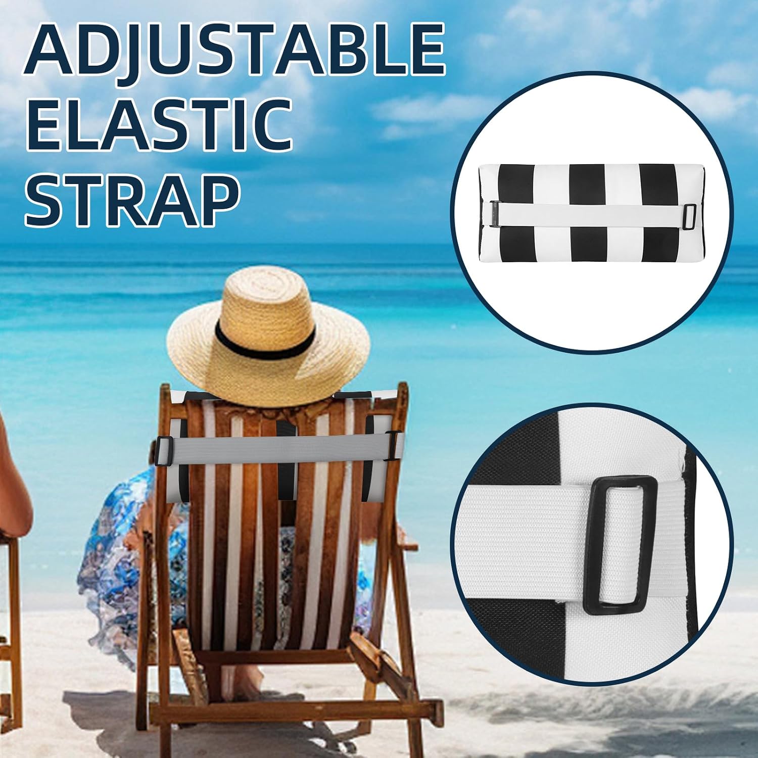 Outdoor Pillow for Chaise Lounge Chair, 2pcs Striped Chaise Lounge Pillows, Adjustable Strap Head Lumbar Pillow for Patio Pool Beach Office, Black