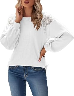 IKFIVQD Womens Long Sleeve Tops Casual Tops Woman All Season Solid Color Round Collar Long Sleeve Lace Shoulder Loose and Comfortable Cuffed Sleeve Lohas Time Shirts