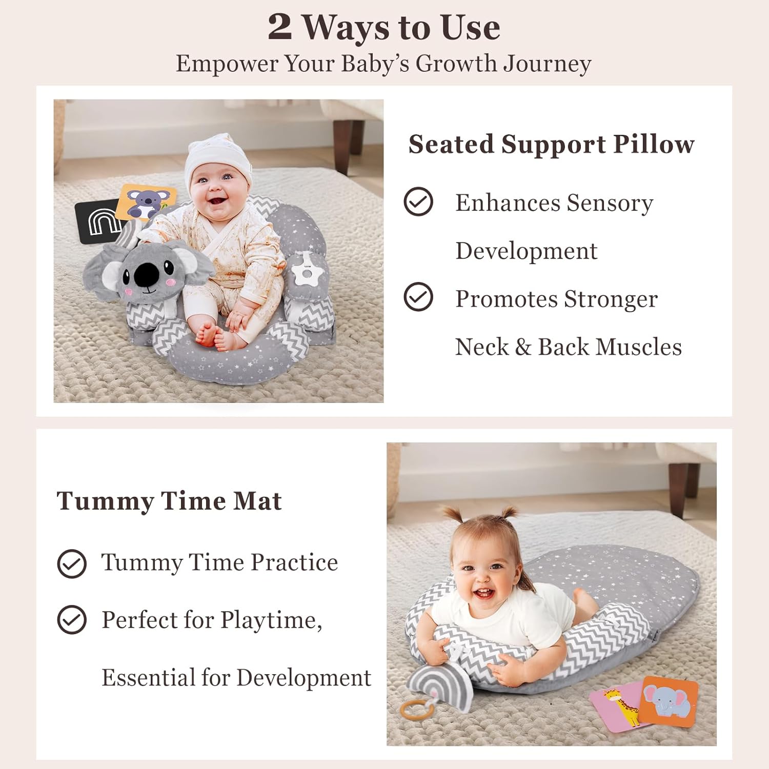 4 in 1 Tummy Time Mat & Seated Support Pillows, Play Mat, Sitting Support for Newborn 0-12 Months, Infant Baby Sit Me Up Floor Seat, Sensory Development Gifts Tummy Time Play Toys, Koala - Image 2