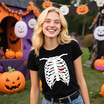Halloween T Shirt Women Men, Halloween Skeleton Pumpkin Adult Tops Tshirt, Funny Short Sleeve Shirts for Women Men