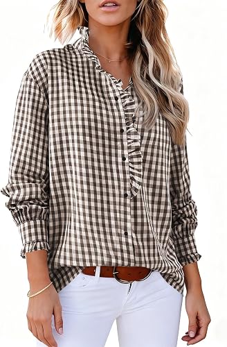 Plaid Tops for Women Button Down Loose Long Sleeve Casual Shirt Khaki