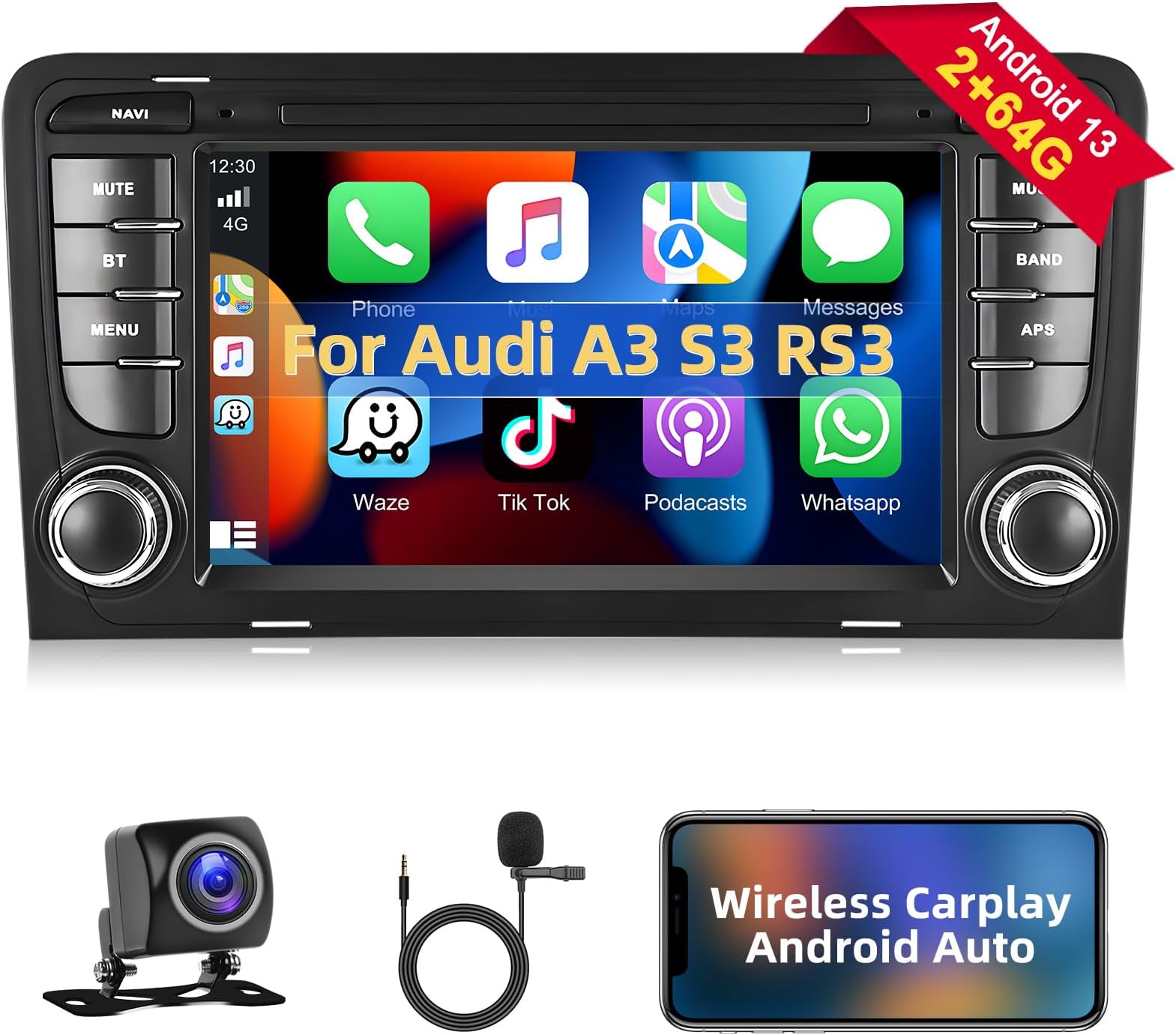 OiLiehu Autoradio 2 Din Android 13 Per Audi A3 S3 RS3 8P (2003-2012) - 7 Pollici Con CarPlay Wireless, GPS, Bluetooth E Telecamera Posteriore