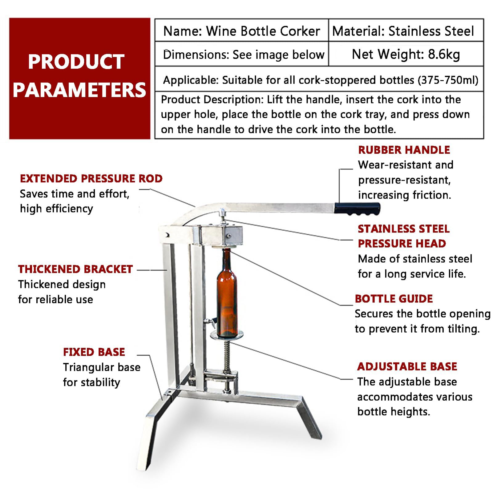 Tapón De Corcho para Botellas De Vino De Acero Inoxidable, Tapón De Corcho para Botellas De Vino De 375-750 Ml con Tapón De Corcho, Altura Ajustable, Kit De Taponado Manual, para Bodegas Domésticas
