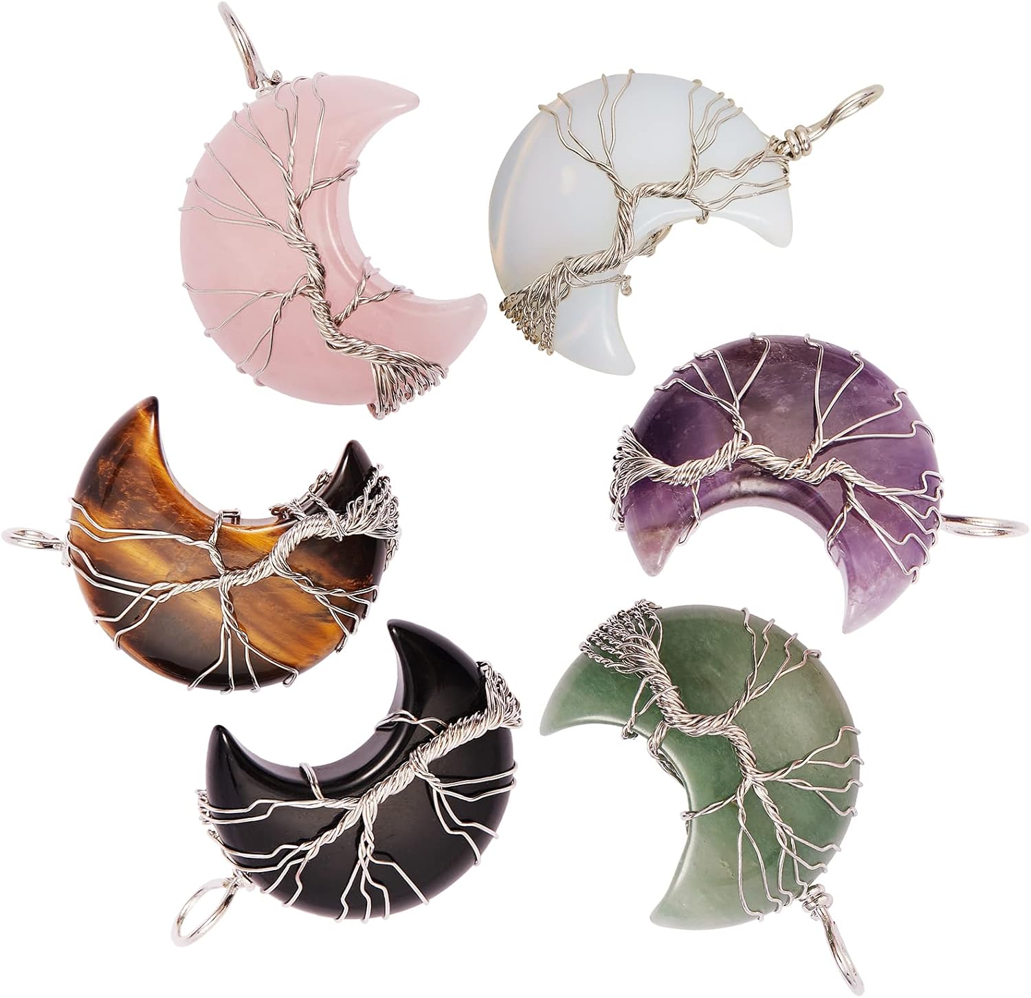 6 Pieces Tree of Life Crescent Moon Charms Healing Crystal Wire Wrapped Pendant for Jewelry Necklace Making Crafts