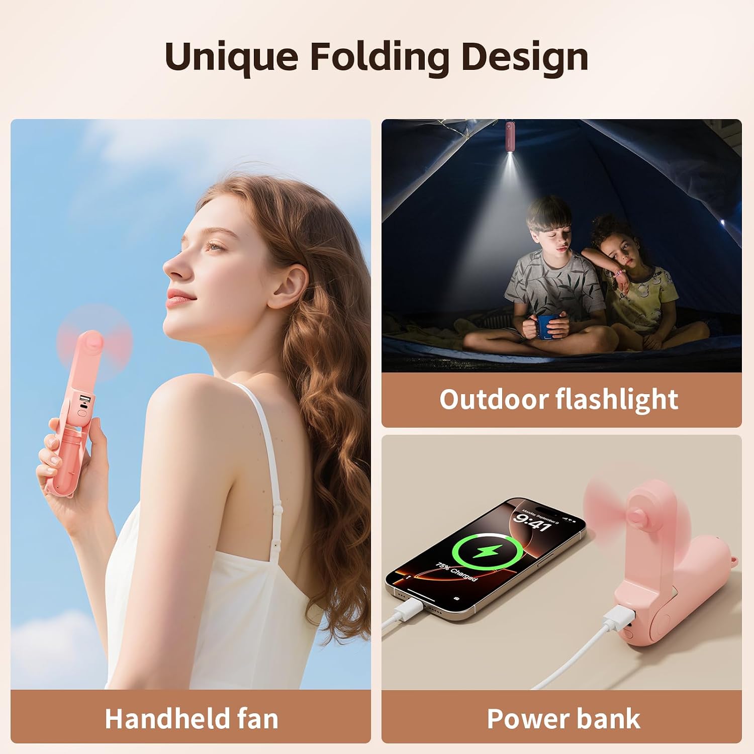 Portable Fan Mini Handheld Fan, Cute Pocket Personal Fan, USB Rechargeable Travel Fan with Power Bank & LED Flashlight, Foldable Small Cooling Fan for Beach, Summer Essentials,Summer Gift for Her