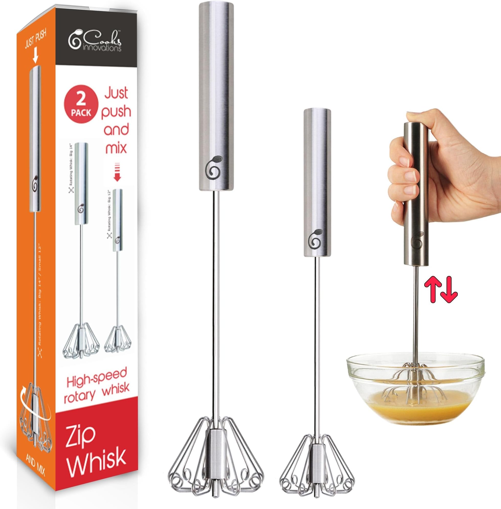 Stainless Steel Egg Beater - Easy to Use Semi-automatic Push-Down Zip Whisker - Rotary Hand Mixer for Beating Eggs, Frothing Milk, Blending, Mixing - Hand Whisk - 2 Pack (12 &14 Inch)
