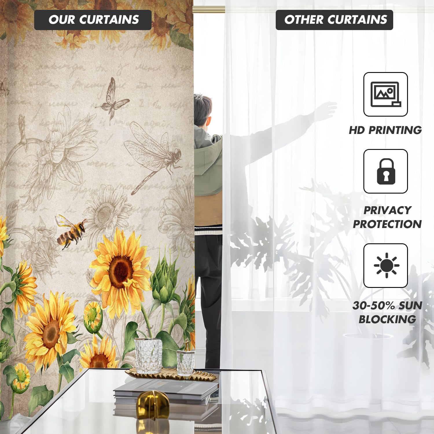 Sunflower Kitchen Curtains Mini 27.5''W x 39''L Yellow Floral Flower Farmhouse Country Vintage Cottage Retro Short Small Cafe Room Rod Pocket Window Drapes Treatment Tiers Fabric 1 Pair