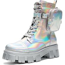 Women's Platform Combat Boots - Lace Up Chunky Ankle Booties with Built-in Zippered Pouch - Side Zipper Lug Sole Boots with Buckle Strap Round Toe (Monalisa)