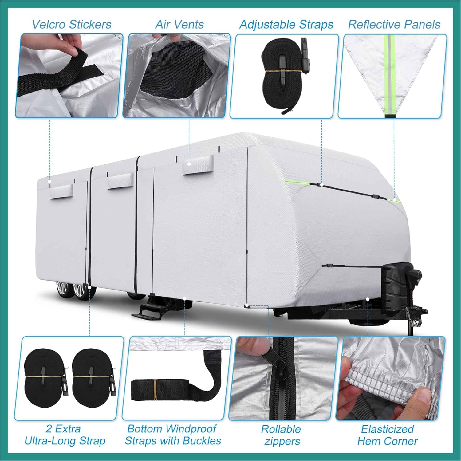 Waterproof RV Cover RV Travel Trailer Cover Fits Windproof Anti-UV Camper Cover All Season Protection with Extra Windproof Ropes and Gutter Covers Silver Tone