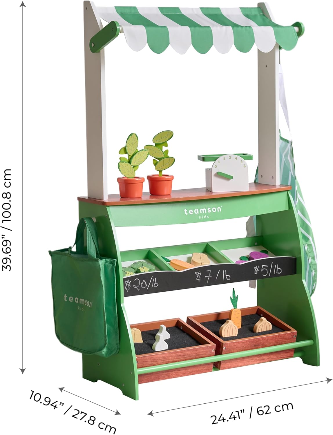 Teamson Kids Farmers Market Stand for Toddlers, Wooden Grocery Stall with 12 Cutting Vegetables, Working Scale & Chalkboard, Pretend Play Food Toy & Market Accessories, White & Green, Age 3+