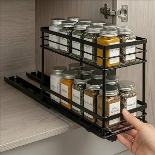 Spice Rack Extendable for Kitchen Cabinet, 2 Tier Spice Organizer, Telescopic Rails with Ball Bearings, Space-saving Spice Storage