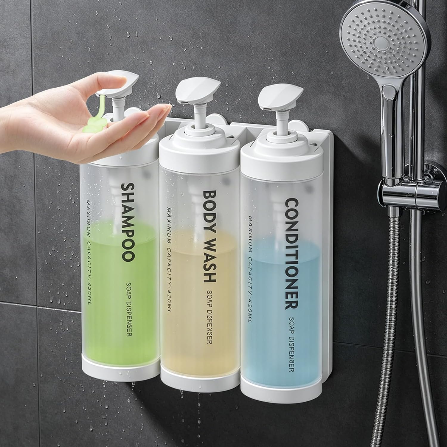 Shampoo and Conditioner Dispenser Wall Mounted, No Drill Shower Soap Dispenser with Large Pump & Key Lock, Refillable ABS Plastic Bathroom Organizer for Hotel, Gym, RV (3 Pack, White)