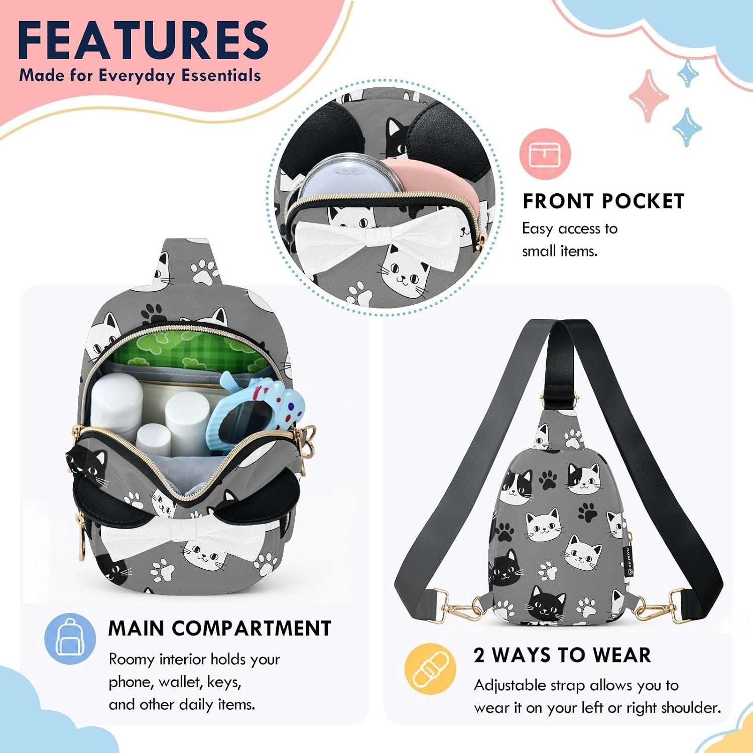 Cats Paws Kids Sling Bag for Girls, 3.1x5.7x7.5 In | Crossbody Fanny Pack, Toddler Purse, Cute Sling Belt Bag with Ears, 2L Small Shoulder Chest Bag for Travel