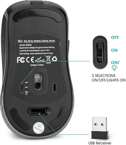 Miniatura 5 de Rii Ratón inalámbrico LED, ratón óptico ergonómico de 2.4 G con receptor USB, mouse portátil recargable para PC, Mac, tableta, Chromebook, portátil,
