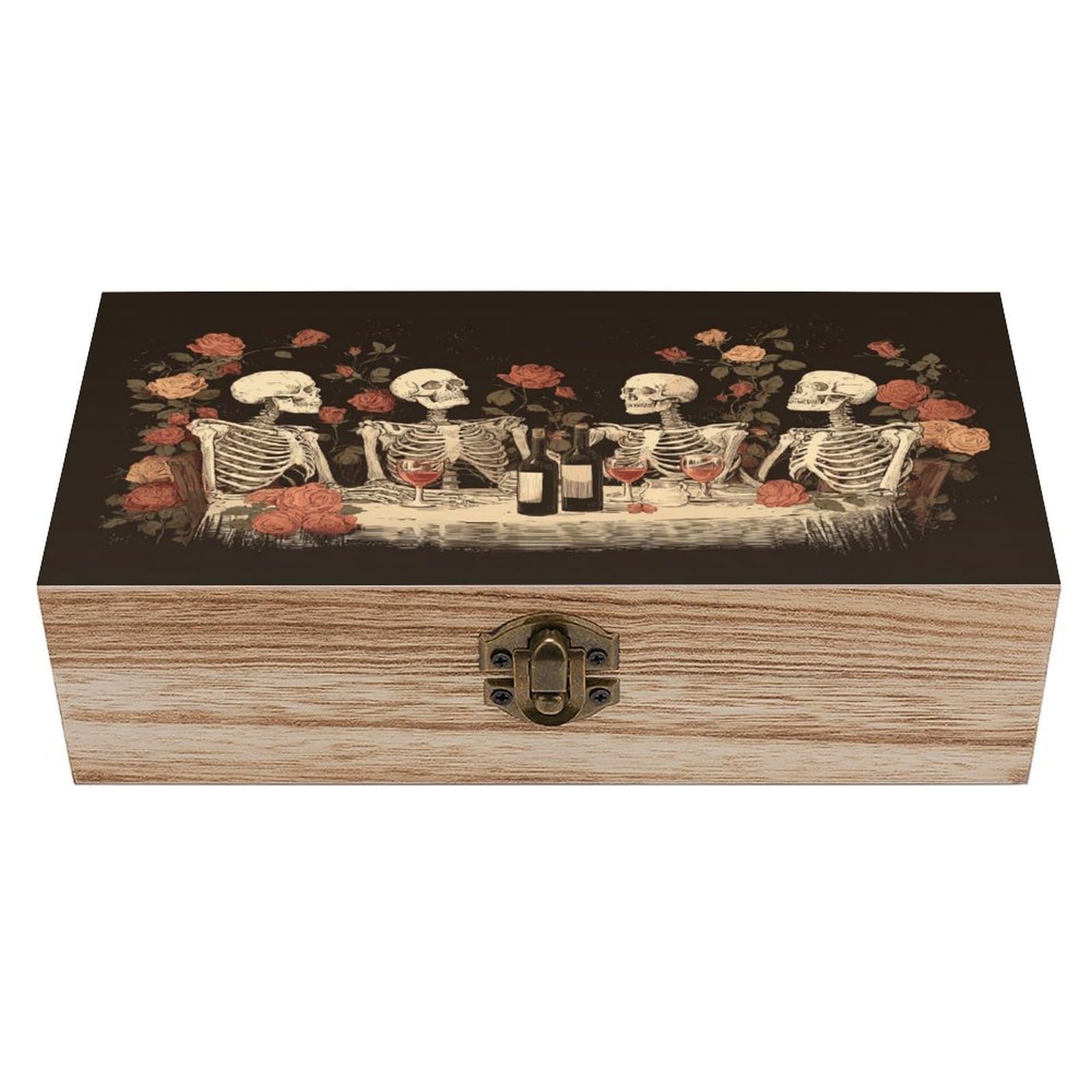 Ahdyr As Pic Four Skeletons Sitting At A Table Wooden Storage Box With Hinged Lid And Front Clasp Large Keepsake Box