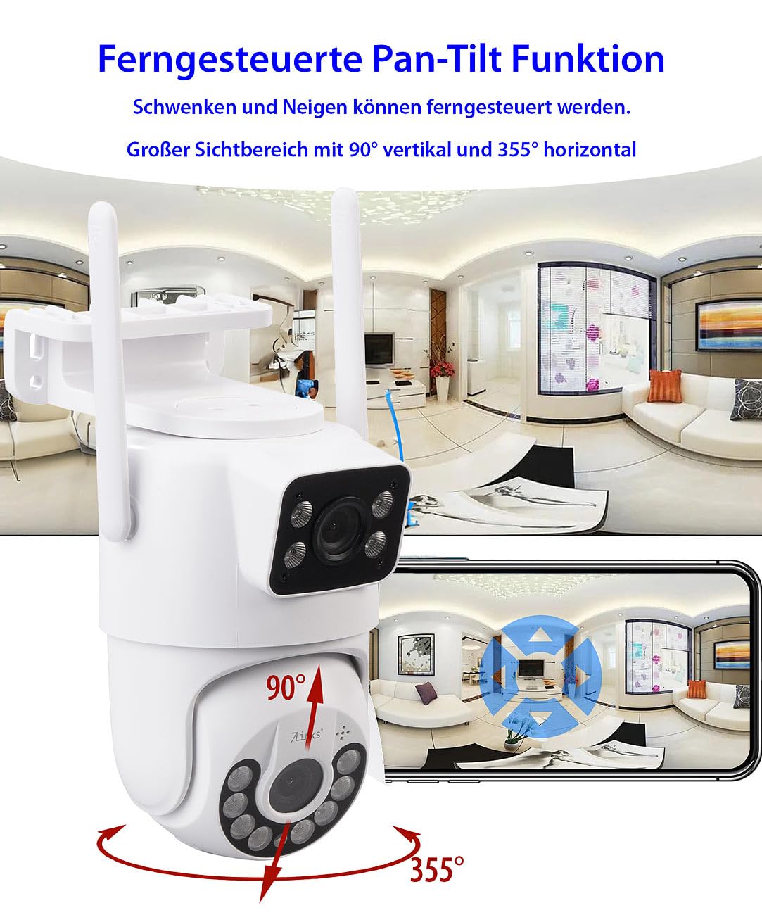 7links 2K-Überwachungskamera: 2er Dual-Objektiv-IP-Außen-Kamera, 2X 2K, 3MP, Pan-Tilt, 360°, WLAN (Dual-Objektiv-Überwachungskamera, Panorama-außen-Überwachungskamera, SD Karte)