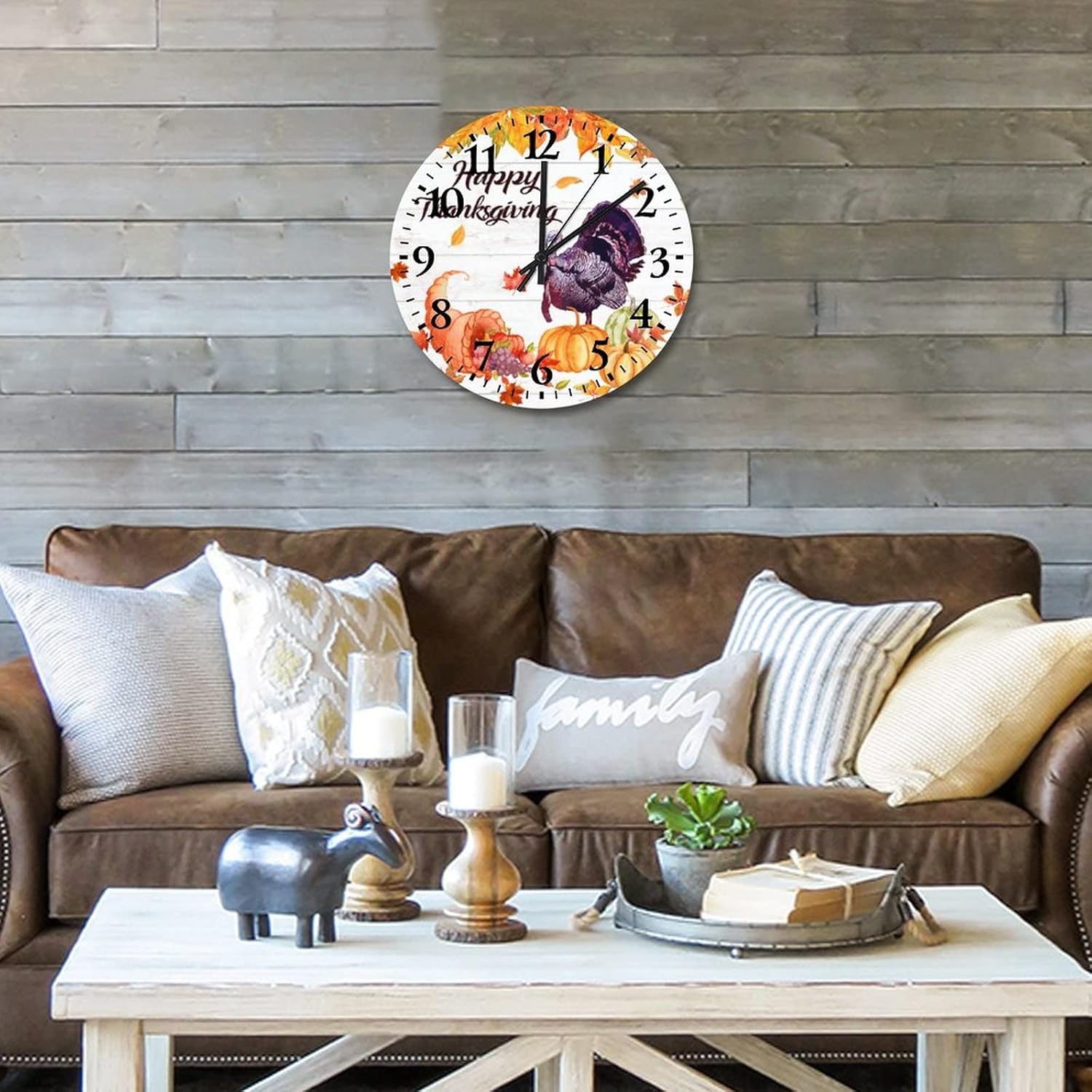 15 Inch Happy Thanksgiving Day Funny Turkey with Pumpkins Maple Leaves Wood Wall Clock Silent Non Ticking Welcome Halloween Thanksgiving Office Decor for Men Round Clock for Living Room Office