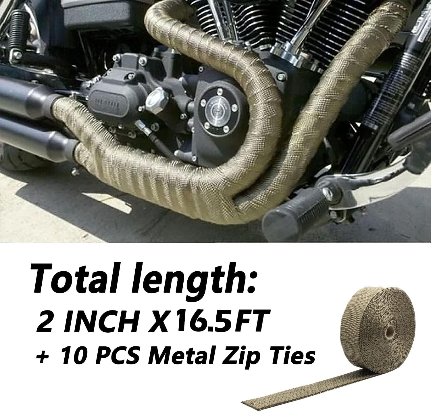 Deecam Exhaust Heat Wrap Roll, 2'' x 16.5' Titanium Muffler Exhaust Pipe for Motorcycle, Car Exhaust Pipe Heat Insulation, Header Wrap Heat Shield Tape with 10 Stainless Locking Ties