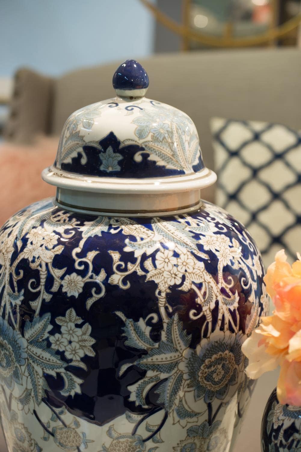 A&B Home 23" Tall Porcelain Vase with Lid Ceramic Blue and White Floral Print Ginger Jar Display Storage Asian Decor Centerpiece