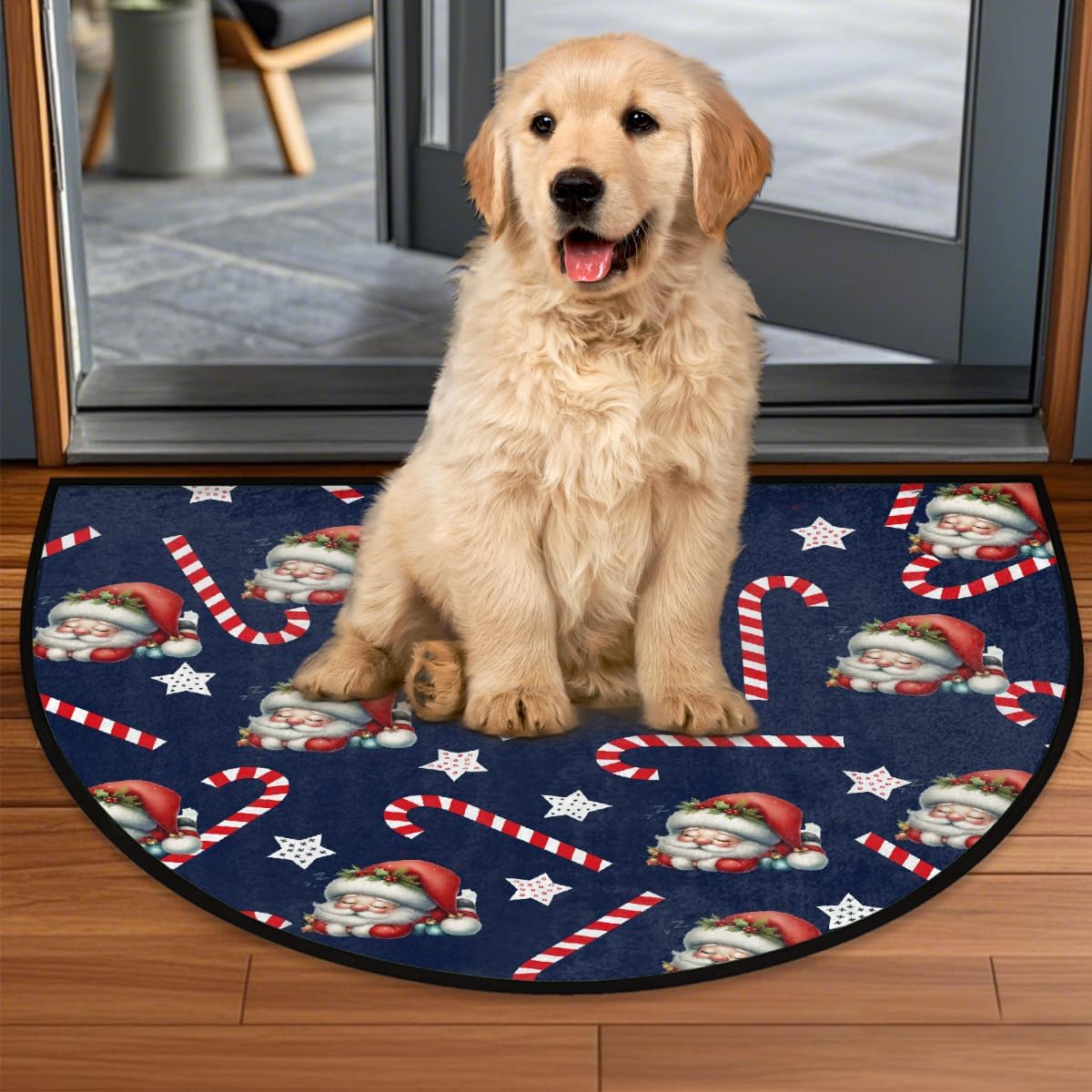 Half Round Door Mat Santa Claus Candy Cane Christmas Non Slip Absorbent Semi Circle Area Rugs Washable Half Moon Floor Mats for Indoor Patio Kitchen Bathroom Entryway Fireplace Home Carpet Decor