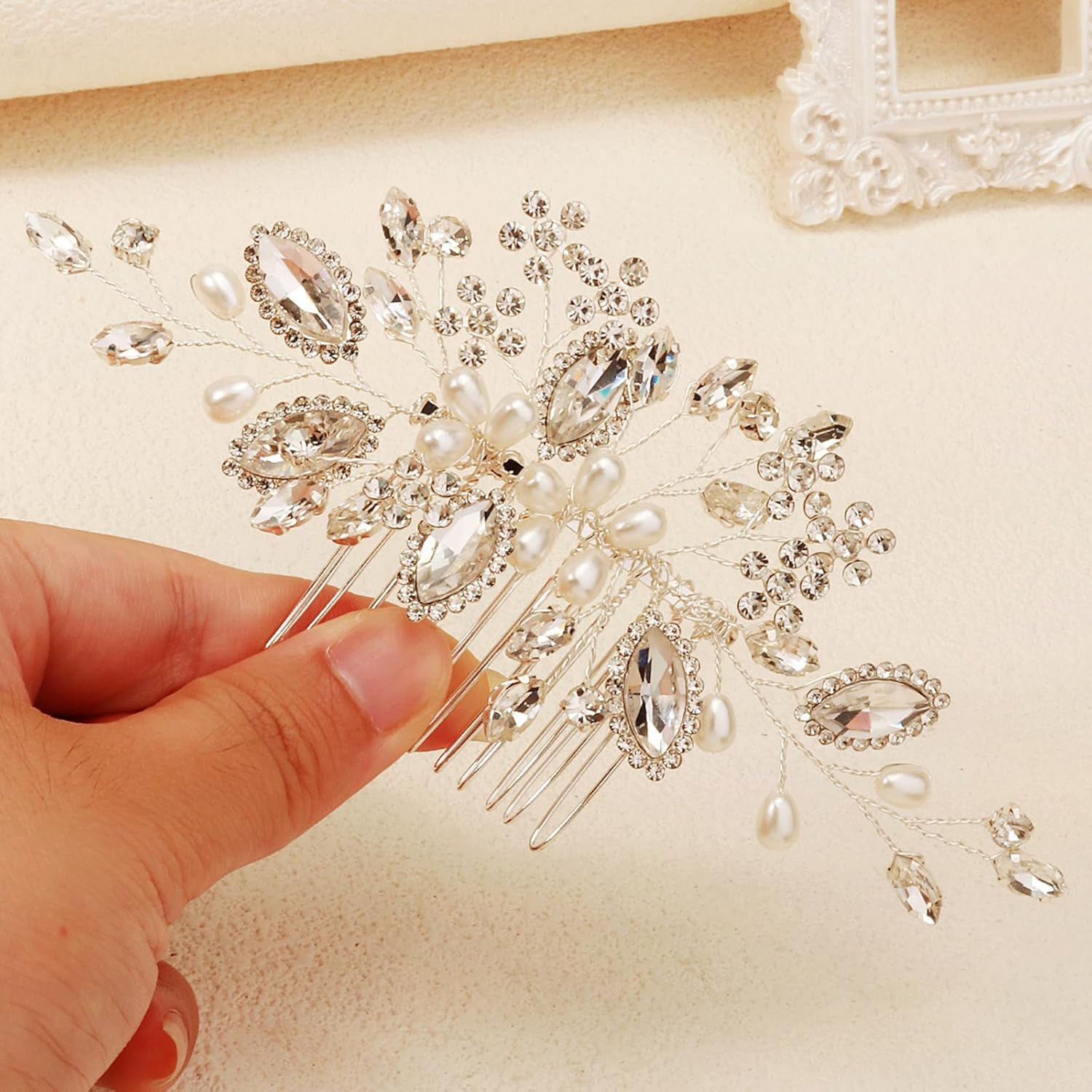 Women Girls Wedding Party Flower Pearl Hair Comb, Floral Crystal Bridal Hair Piece Side Combs Wedding Hair Pin Hair Accessories (Silver) - Image 3