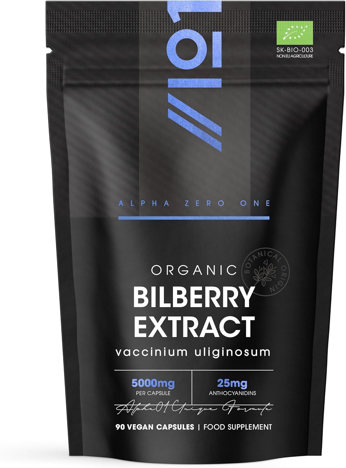 Organic Bilberry Extract 5000mg – High Strength 5% Anthocyanidins – 90 Vegan Capsules (3 Months Supply) – Resealable and Recyclable Pouch – by Alpha01
