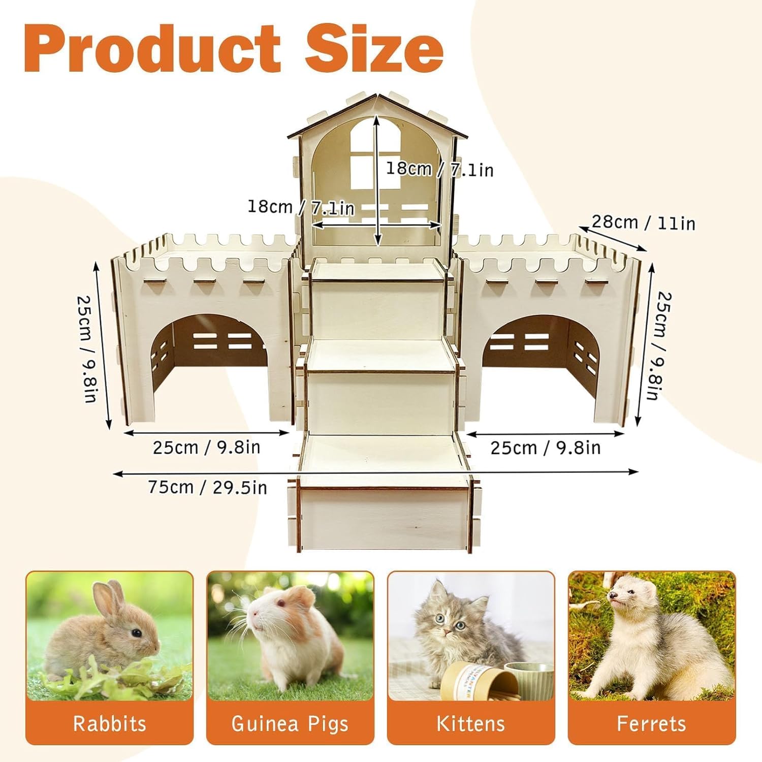 PINVNBY Extra Large Bunny Castles Hideout, Wooden Rabbit House Hide Climbing Detachable Indoor Wooden Hideaway Castle Tower Tunnel for Small Animal Rabbit Bunny Guinea Pig Hamster Chinchilla Ferret