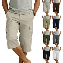 Yolimok Men's 3/4 Length Cargo Shorts Summer Outdoor Quick Dry Breathable Stretch Cotton Combat Golf Cropped Trousers with 4 Pockets Hiking Walking Chinos 3/4 Trousers Everyday Workwear