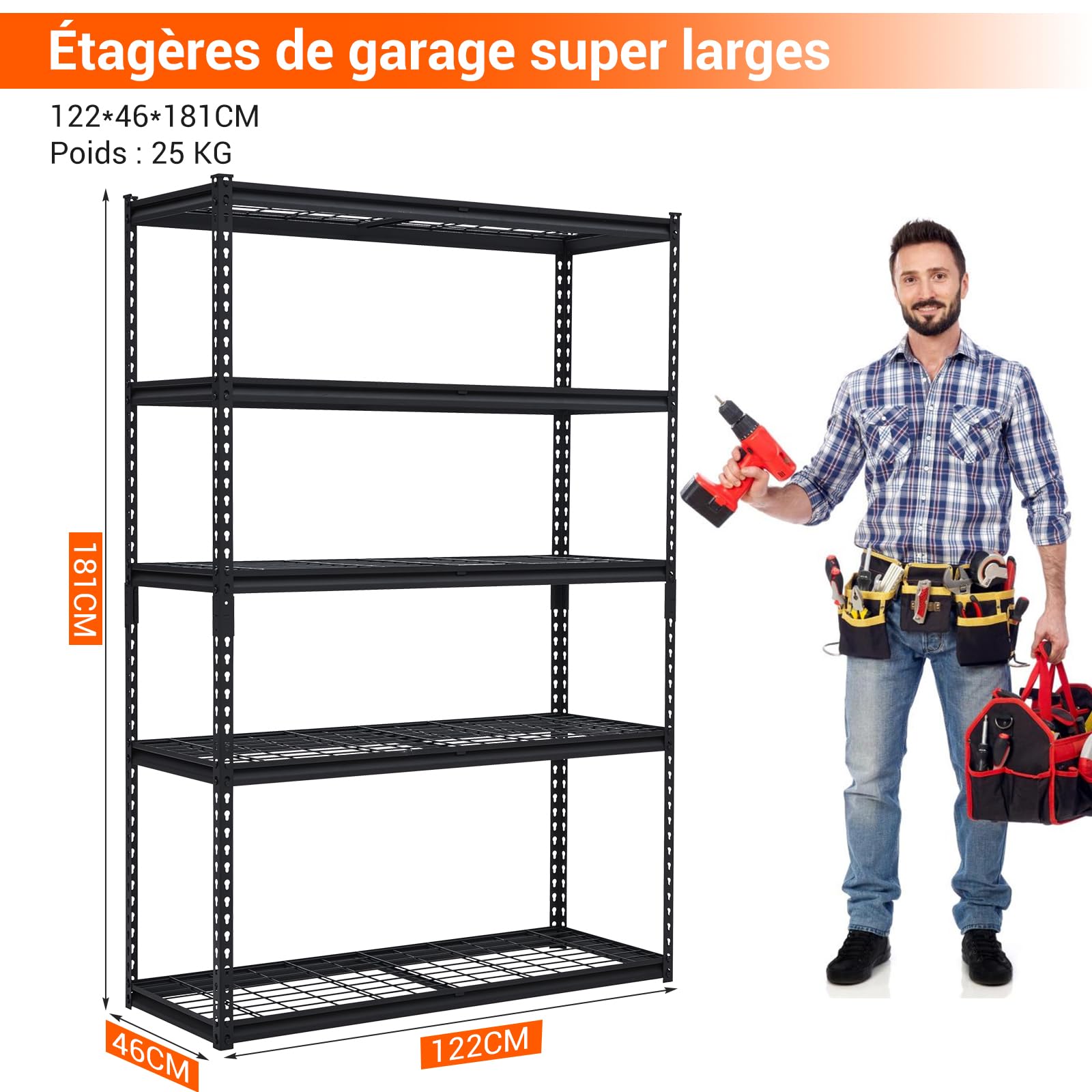Garvee Scaffalatura Garage in Metallo 5 Ripiani Carichi Pesanti Ripiani Regolabili Capacità Di Carico 1360 kg Industriale Acciaio Officina, Cantina, Ripostiglio 122x61x183 cm