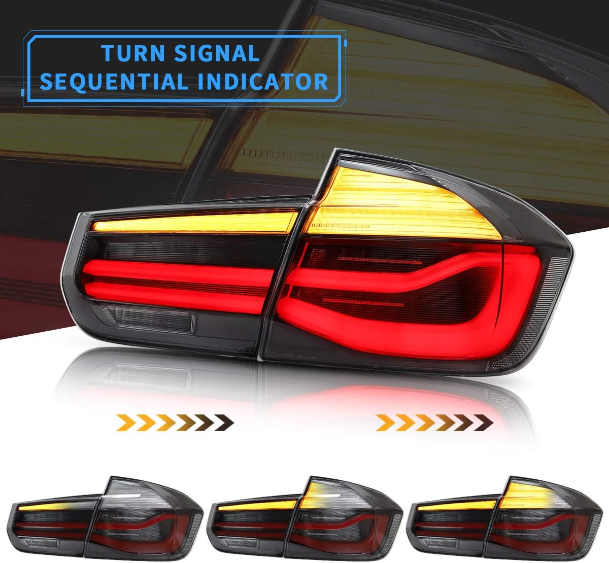 VLAND Led Tail Lights Compatible with BMW 3-Series BMW F30 F35 F80 320i 328i 328D 335i M3 6th gen sedan 13-18 with Amber Switchback Turn Signals (Smoke Styles)