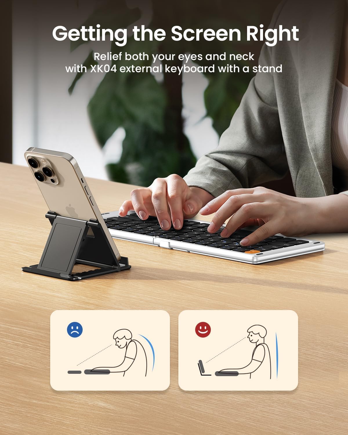 ProtoArc Foldable Compact Keyboard, XK04 Portable Bluetooth Keyboard with PU Leather Cover, Pocket-Sized Wireless Travel Keyboards for iPad, iPhone, Smartphone, Tablet and Laptop - White Silver