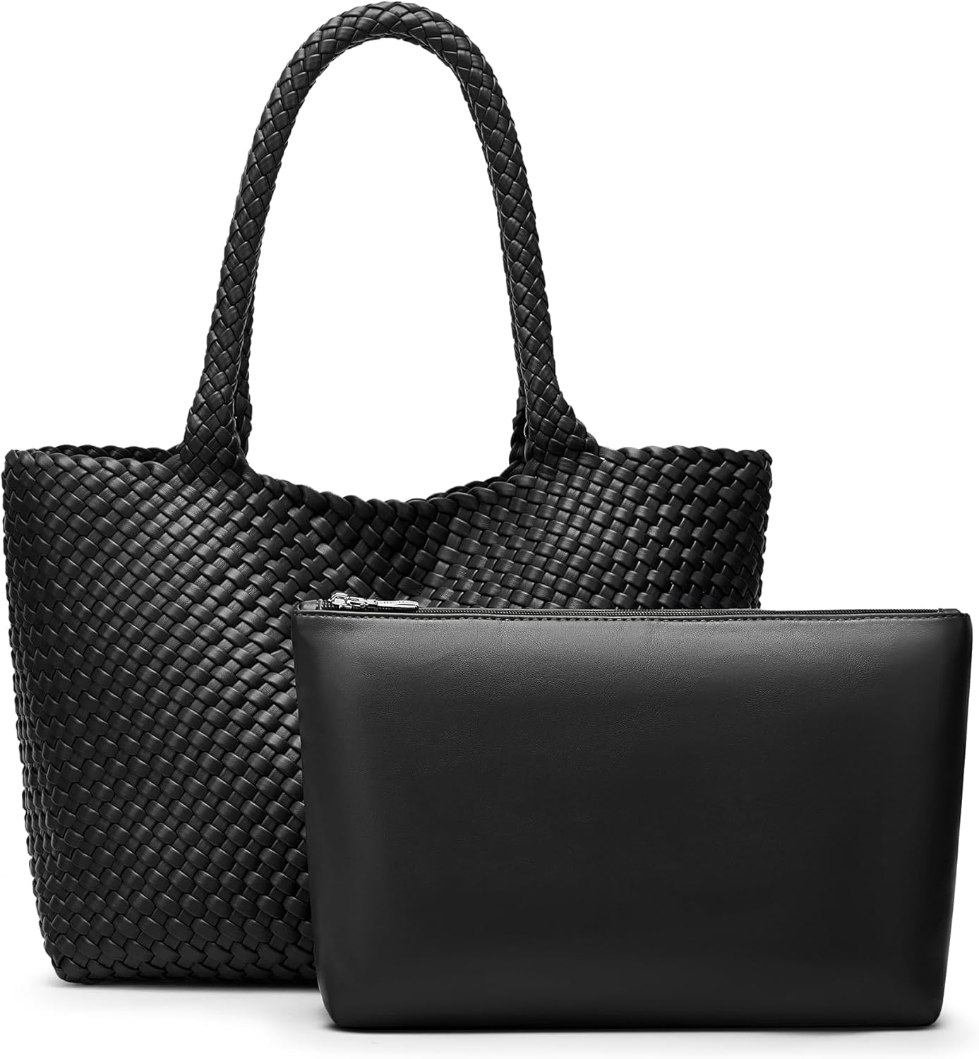 Woven Tote Bag for Women: Handwoven Vegan Leather Bag with Detachable Clutch for Effortless Vacation Outfits