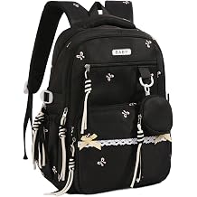 School Backpack for Girls, Kawaii Primary Kids Aesthetic School Bag for Elementary School, Large Capacity Travel Daypack Black