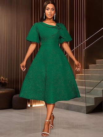 AOMEI Women's 3D Flower Short Puff Sleeve Elegant A-Line Jacquard Party Midi Dress