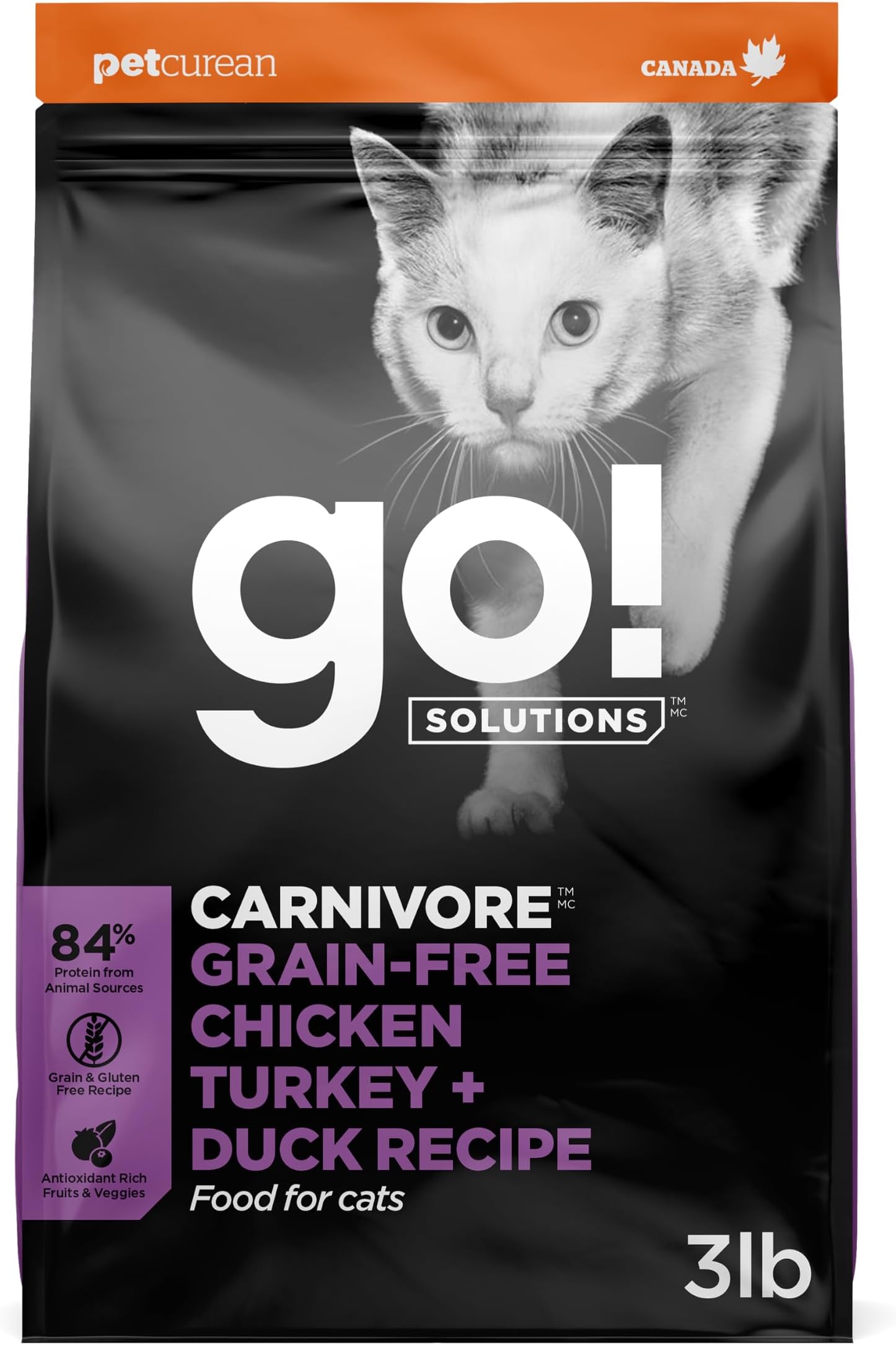Go! Solutions Carnivore Chicken, Turkey & Duck Dry Cat Food, 3 lb | Grain-Free High Protein Kibble to Fuel Muscles, Supports Digestive & Urinary Tract Health, For Kittens, Adults & Seniors