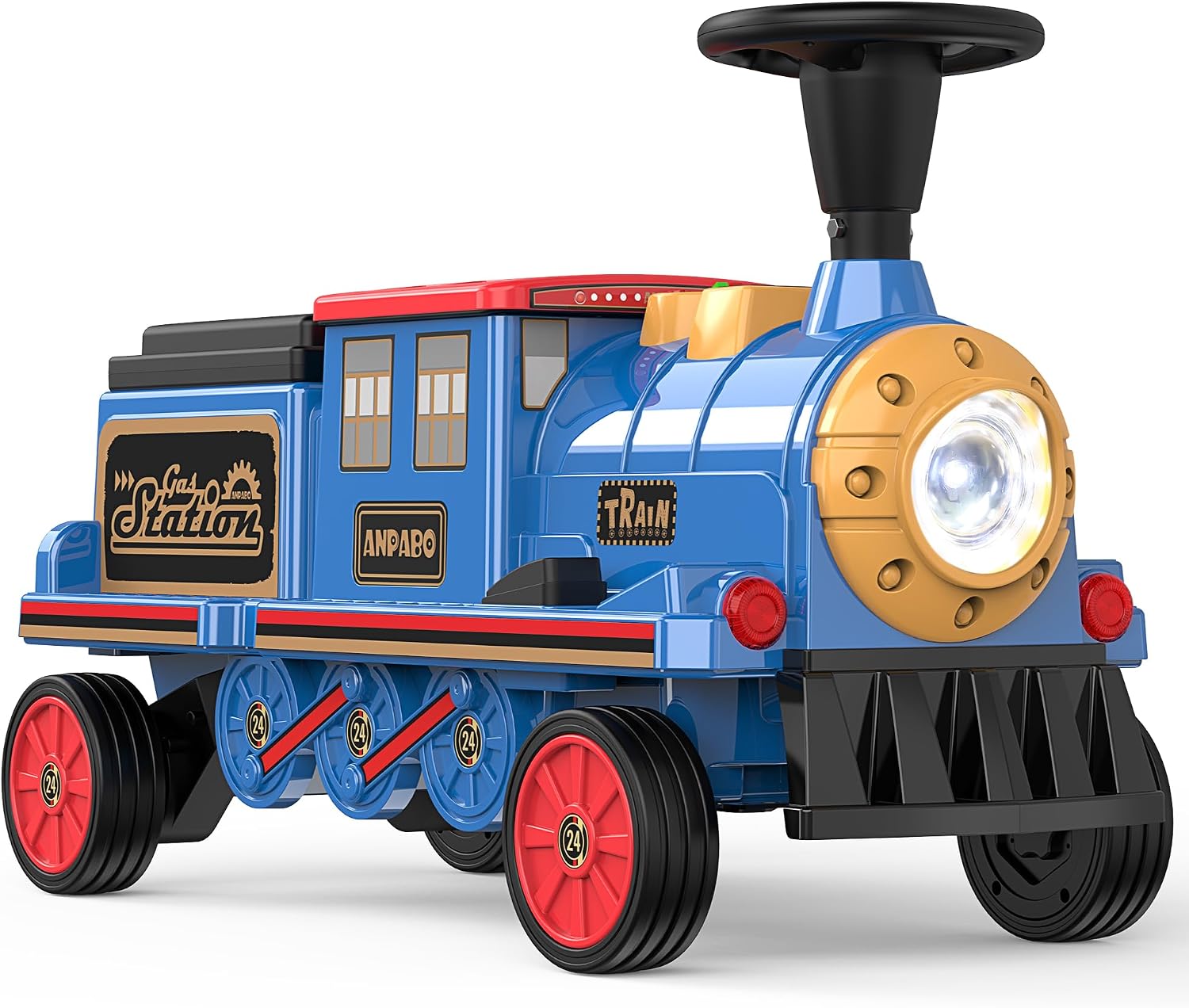 ANPABO 2-Seater Ride On Train Trackless, 12V Kids Car with Height-Adjustable Seat, Extra Storage, Headlight, Train Whistle & Music, Electric Car for Kids 3+ (Carriage Not Included), Blue